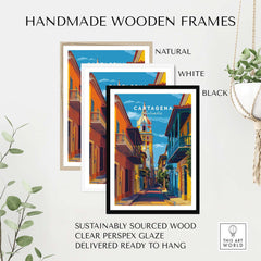 Handmade wooden frames in natural, white, and black for Cartagena Old Town View Print | Caribbean Architecture Wall Art.