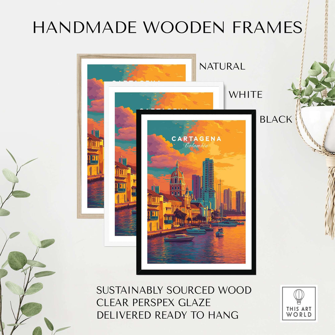 Cartagena Vibrant Tropical City View Print | Caribbean Travel Wall Art in handmade wooden frames displayed.
