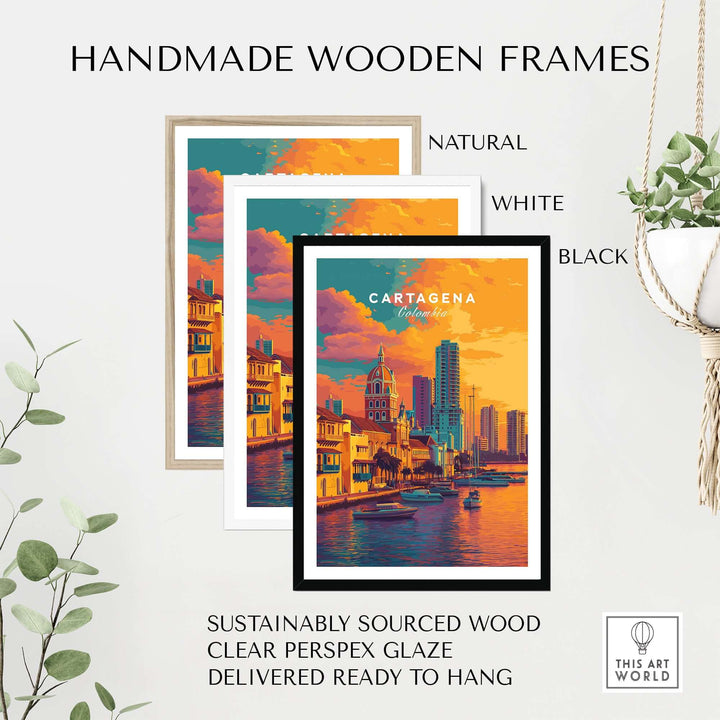 Cartagena Vibrant Tropical City View Print | Caribbean Travel Wall Art in handmade wooden frames displayed.