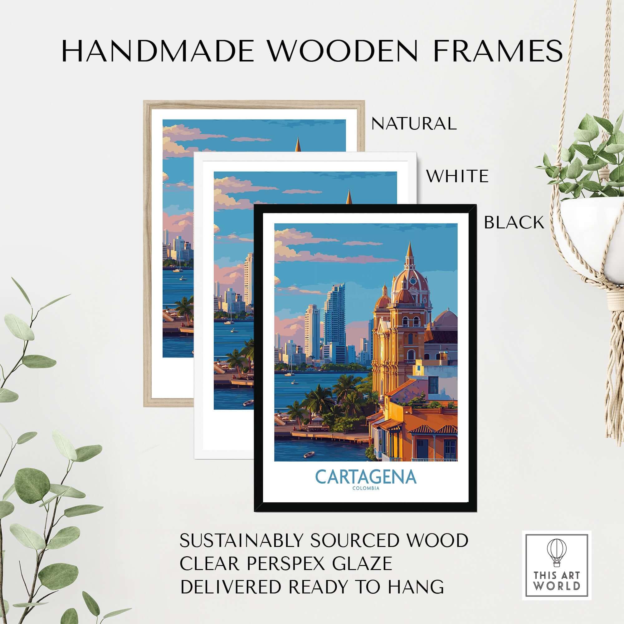 Handmade wooden frames for Cartagena Colombia Art Print | City Skyline Poster showcasing natural, white, and black options.