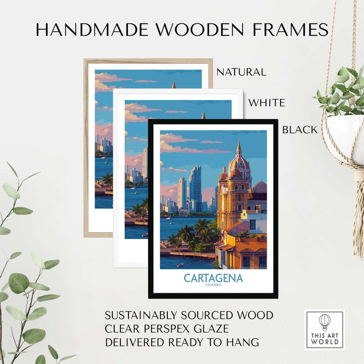 Handmade wooden frames for Cartagena Colombia Art Print | City Skyline Poster, showcasing natural, white, and black options.