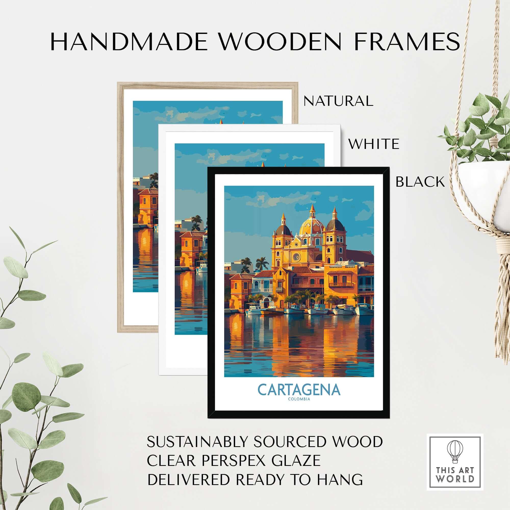Handmade wooden frames for Cartagena Colombia Cathedral Art Print | Marina Reflection Poster in natural, white, and black.
