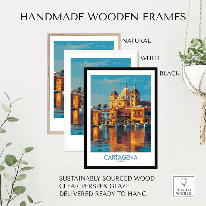 Handmade wooden frames in natural, white, and black colors showcasing Cartagena Colombia Cathedral Art Print | Marina Reflection Poster.