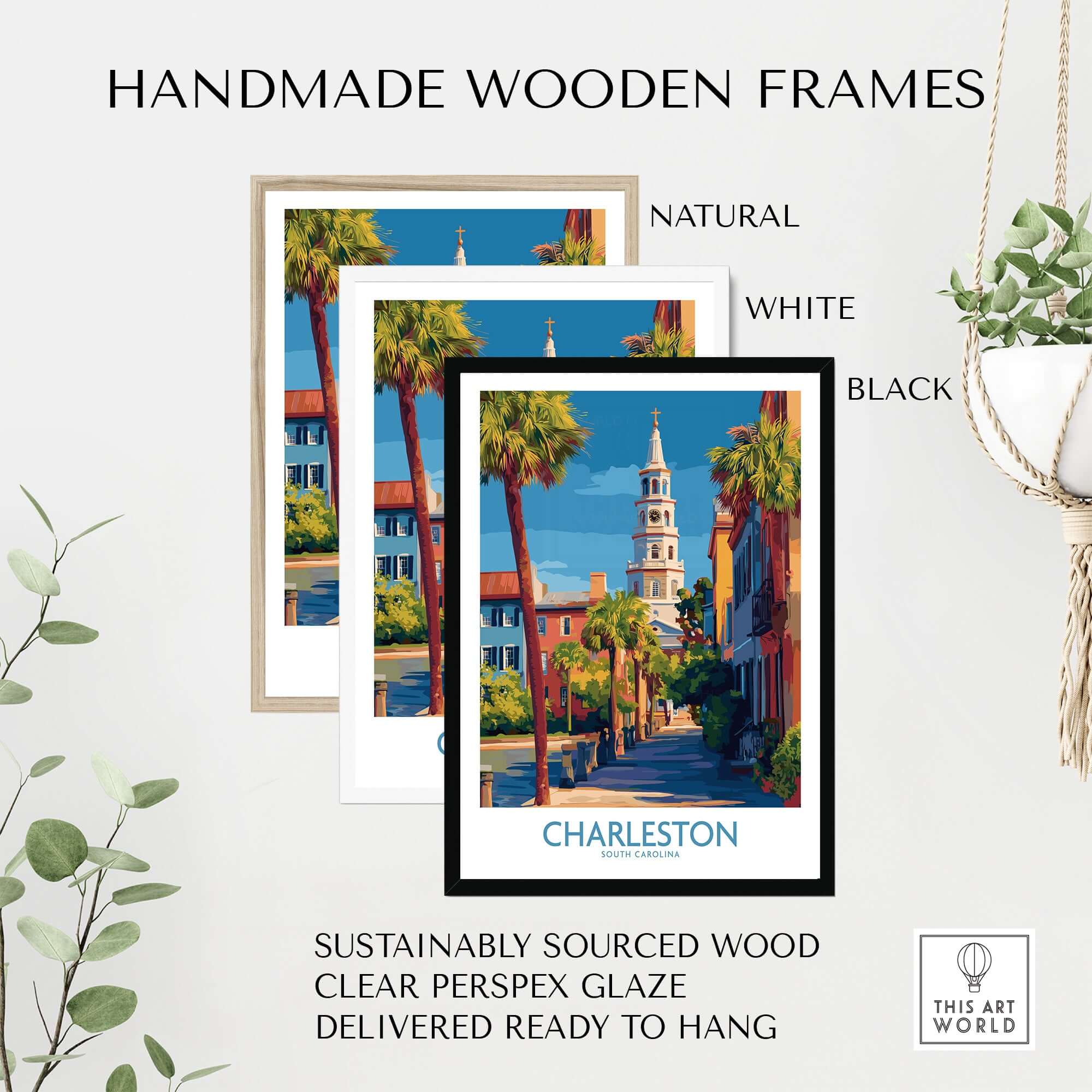 Charleston SC Art Print | Classic Southern City Poster with handmade wooden frames in natural, white, and black finishes