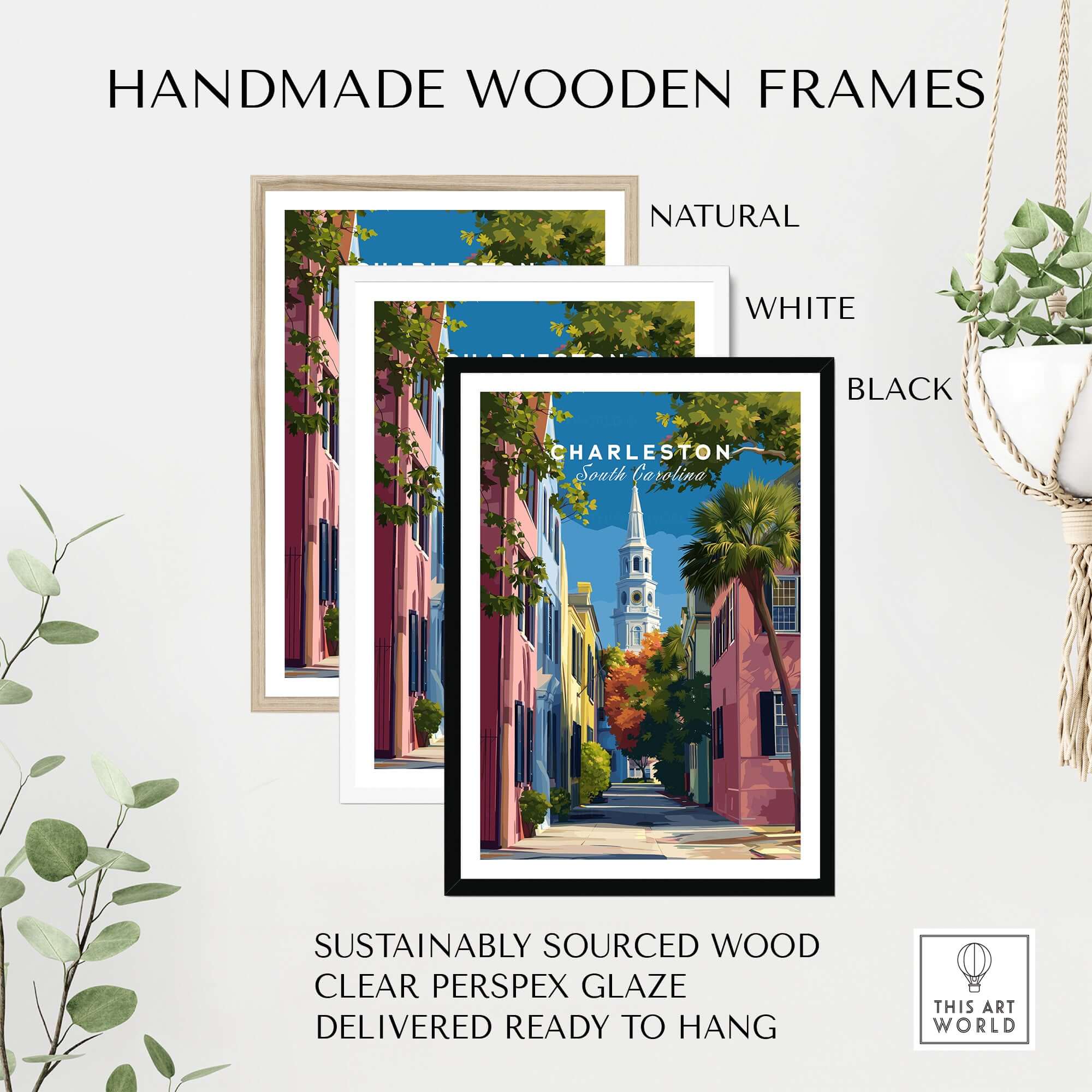 Handmade wooden frames in natural, white, and black for Charleston St. Philip's Steeple View Print | South Carolina Home Decor.