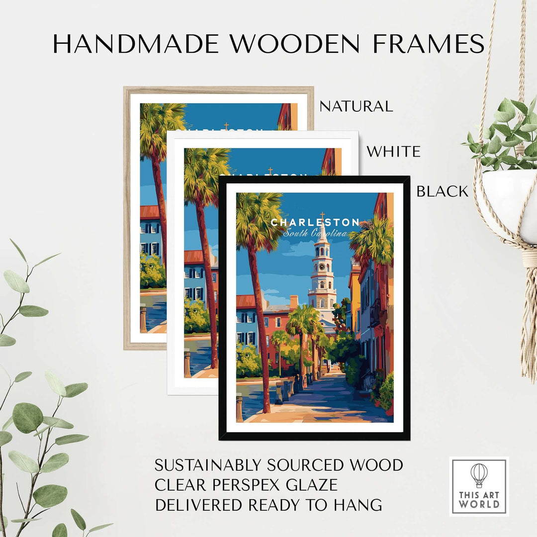 Charleston St. Michael's Church View Print | South Carolina Wall Art with handmade wooden frames in natural, white, and black.