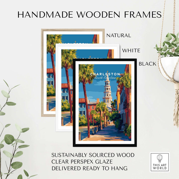 Charleston St. Michael's Church View Print | South Carolina Wall Art with handmade wooden frames in natural, white, and black.