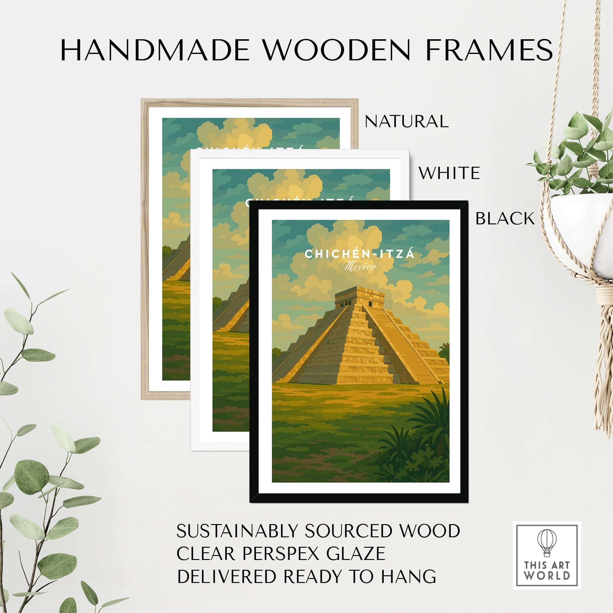 Chichén Itzá Mexico El Castillo Pyramid Travel Print Mayan Landscape Poster Wall Art in handmade wooden frames