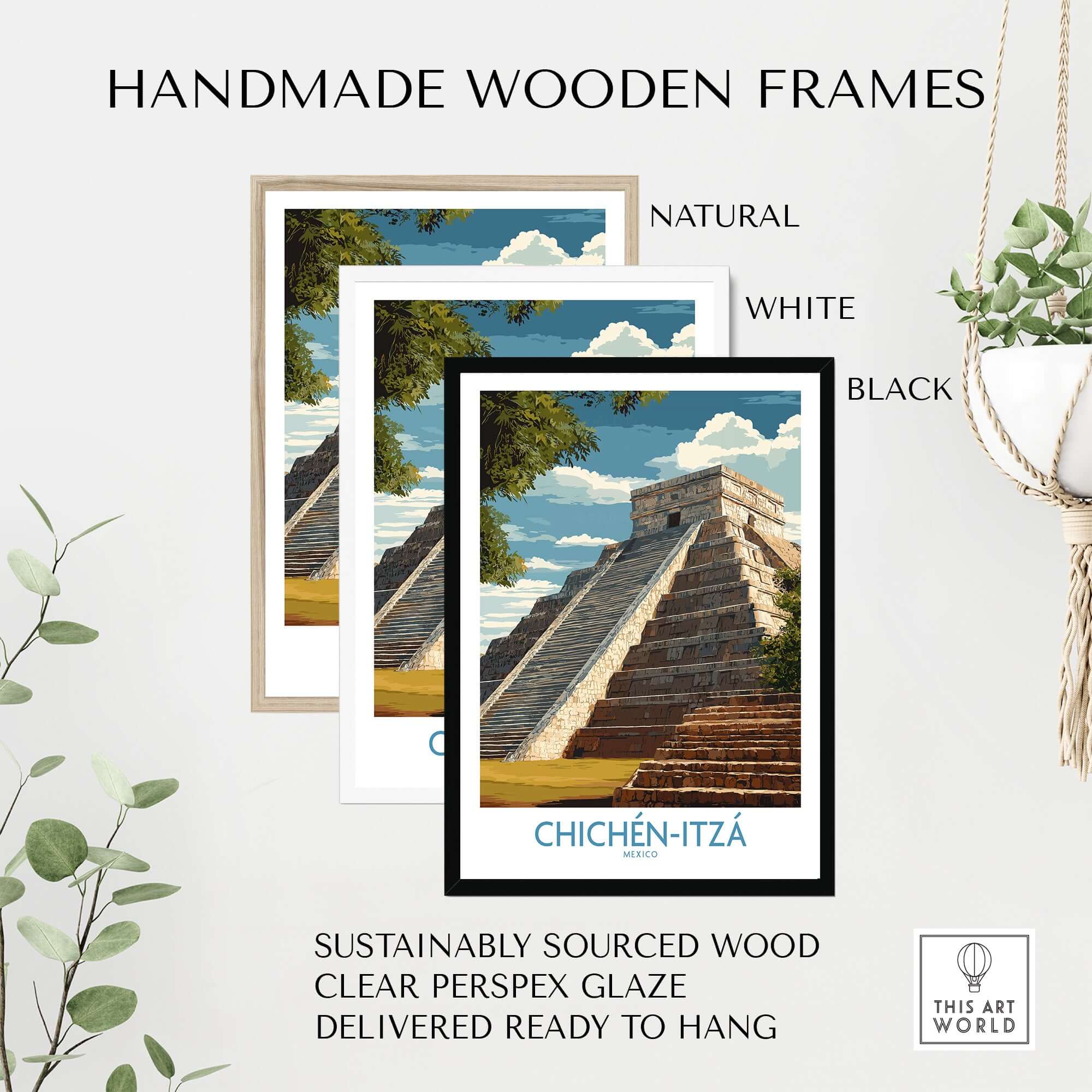 Mexico Chichén Itzá El Castillo Poster Mayan Temple Travel Print Ancient Ruins Wall Art in handmade wooden frames