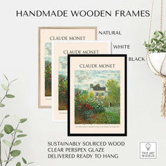 Handmade wooden frames in natural, white, and black for Claude Monet art prints, sustainably sourced and ready to hang.