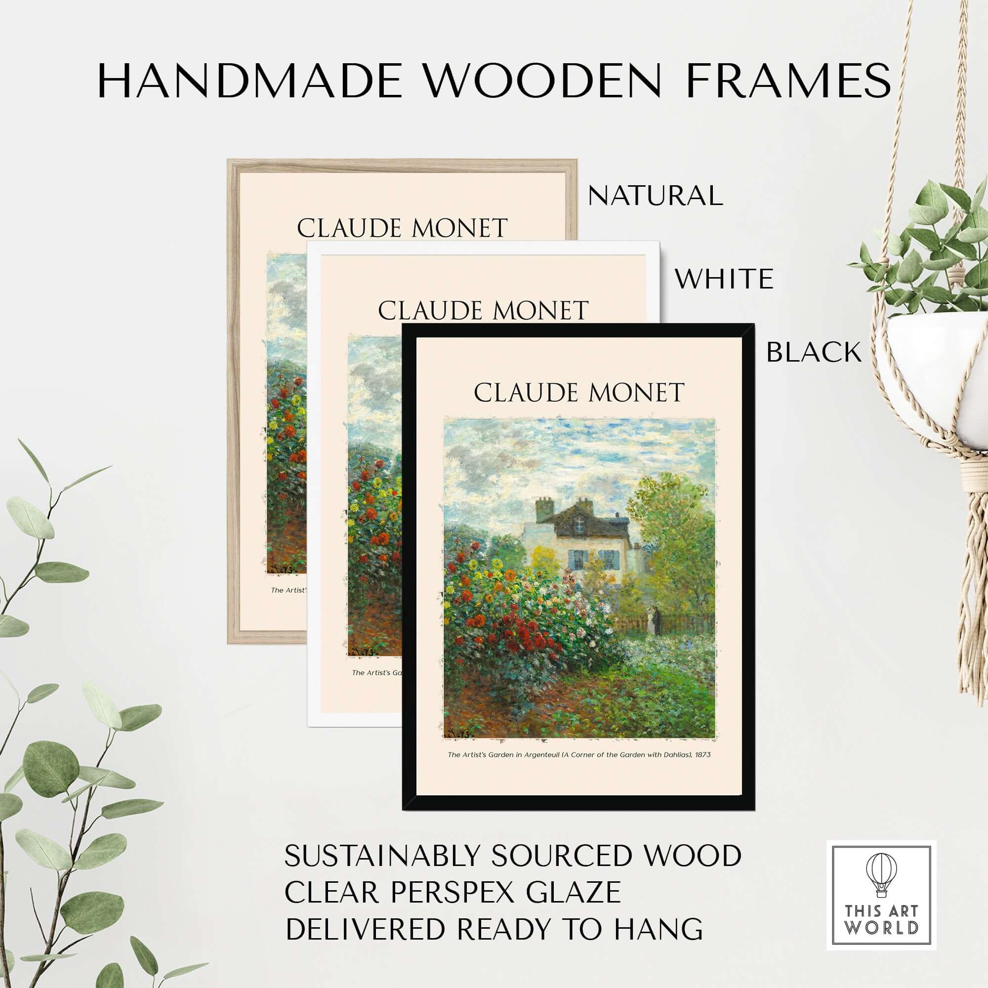 Handmade wooden frames in natural, white, and black for Claude Monet art prints, sustainably sourced and ready to hang.