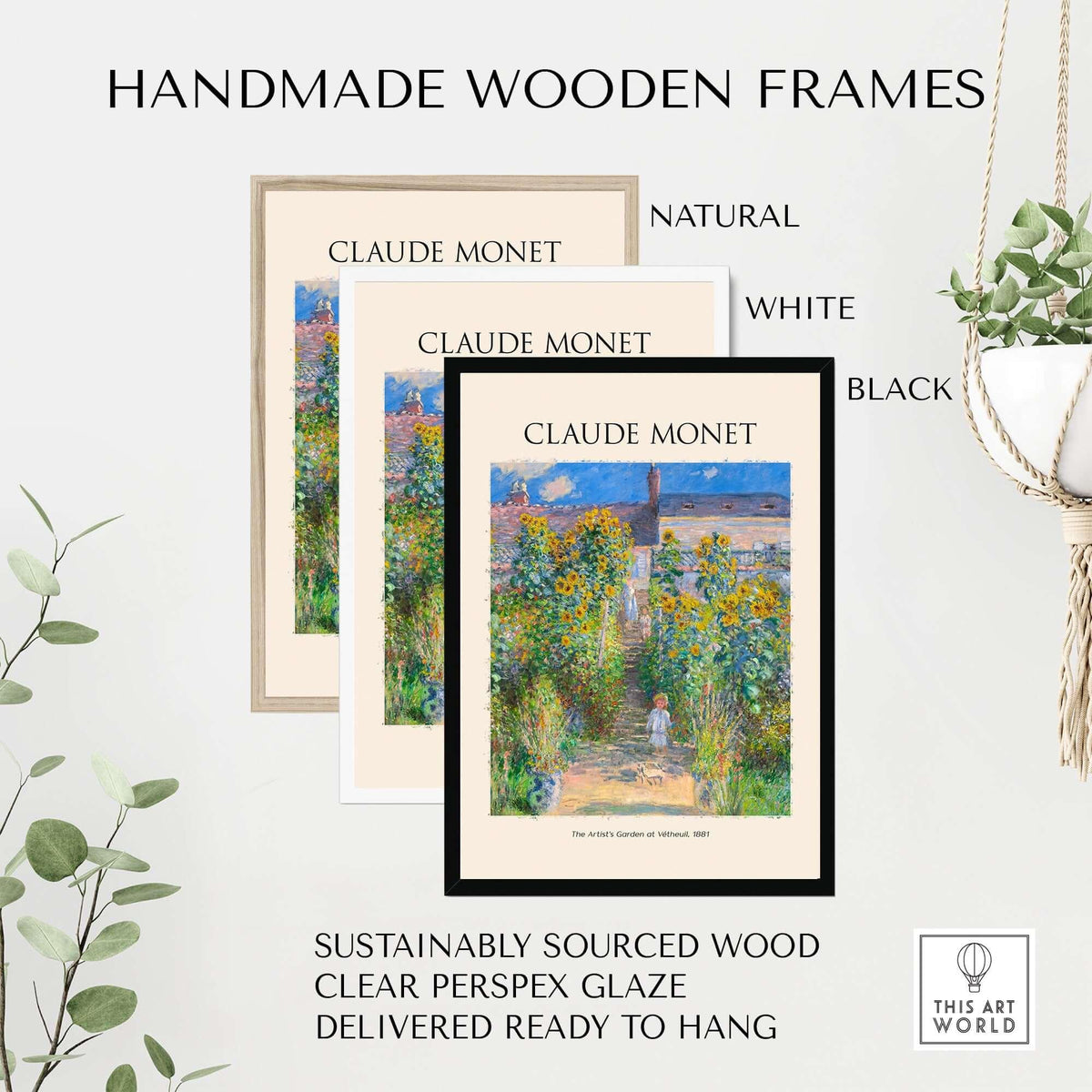 Handmade wooden frames for Claude Monet art prints in natural, white, and black finishes, made from sustainably sourced wood.