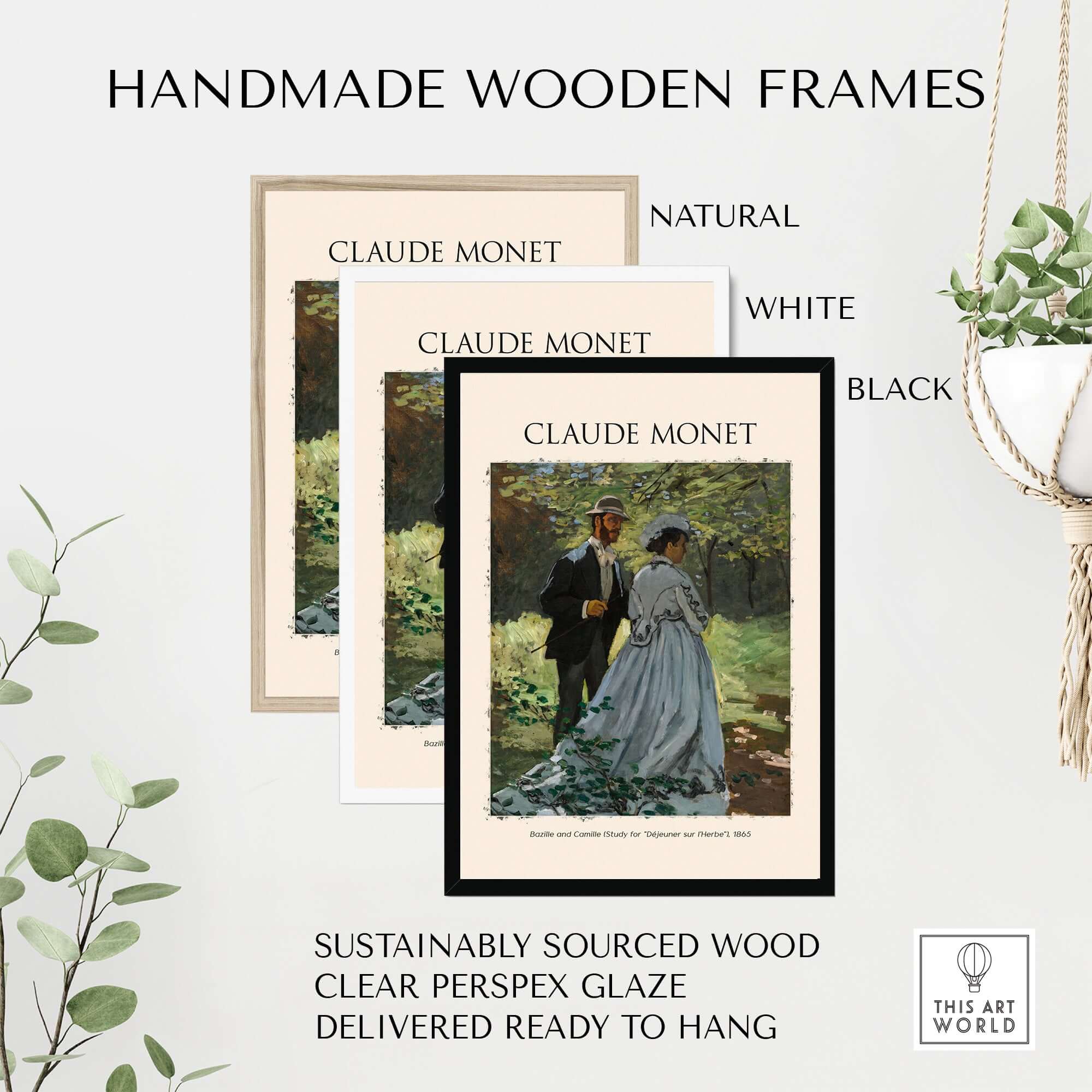 Handmade wooden frames in natural, white, and black colors featuring Claude Monet art prints with clear perspex glaze.
