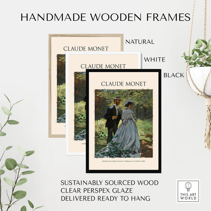 Handmade wooden frames in natural, white, and black for Claude Monet art prints, sustainably sourced wood, ready to hang.