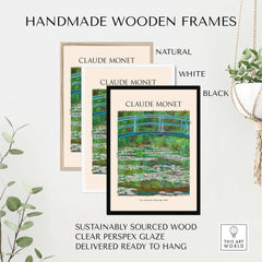 Monet Japanese Footbridge Water Lilies Giverny Garden Poster Art Print framed in handmade wooden frames.