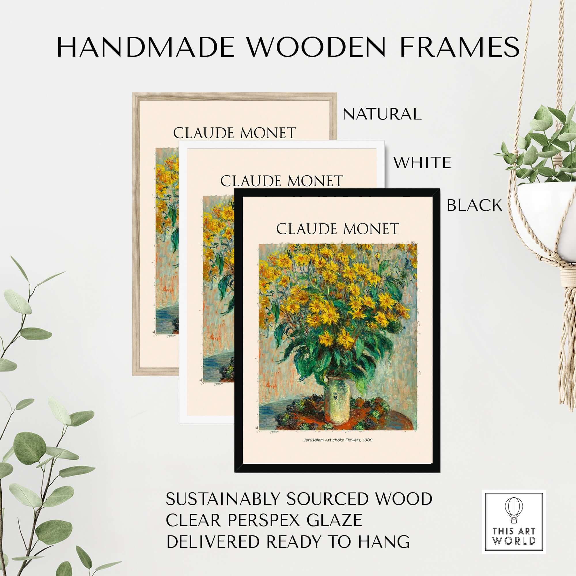 Handmade wooden frames for Monet Jerusalem Artichoke Flowers Still Life Floral Art Print Poster in natural, white, and black colors.