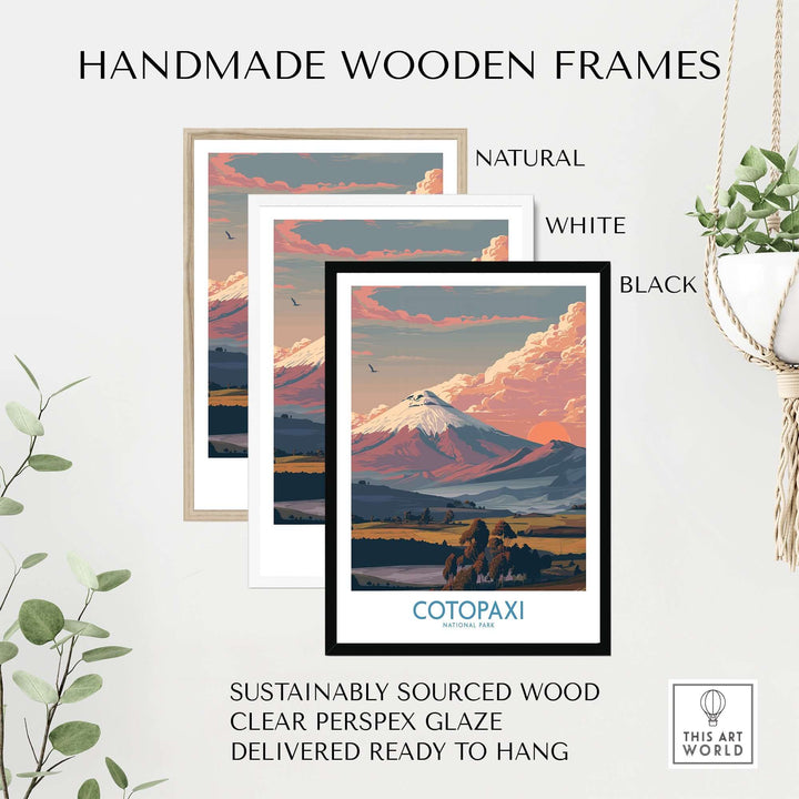 Handmade wooden frames for Cotopaxi sunset landscape poster in natural, white and black options.