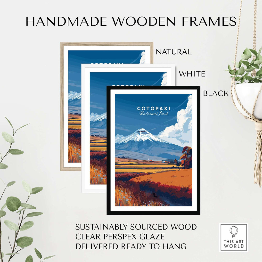 Handmade wooden frames in natural, white, and black for Cotopaxi travel print, sustainably sourced, ready to hang.