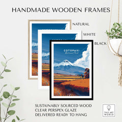 Cotopaxi National Park Ecuador Travel Print Volcano Landscape Poster Wall Art Decor in handmade wooden frames.