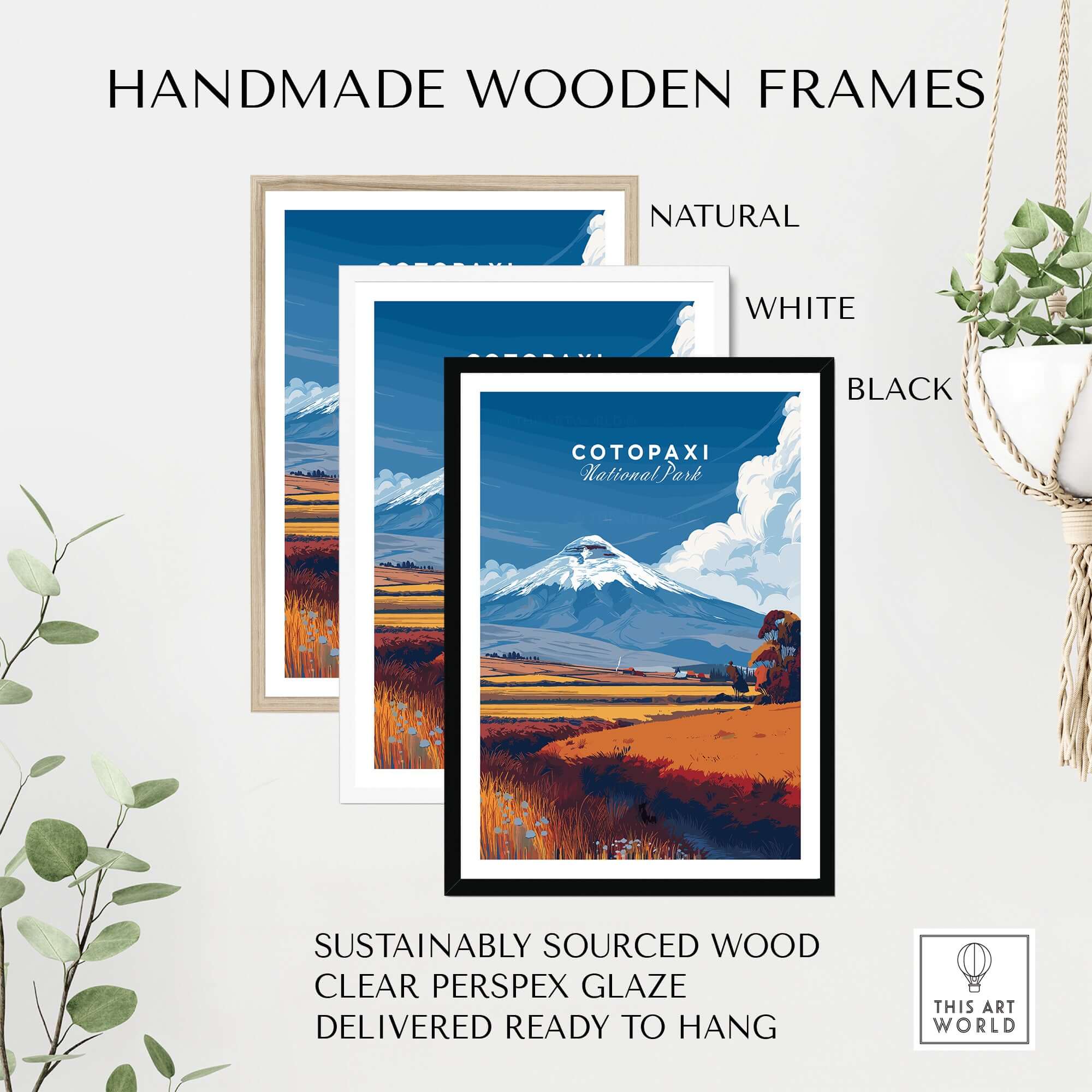 Cotopaxi National Park Ecuador Travel Print Volcano Landscape Poster Wall Art Decor in handmade wooden frames.