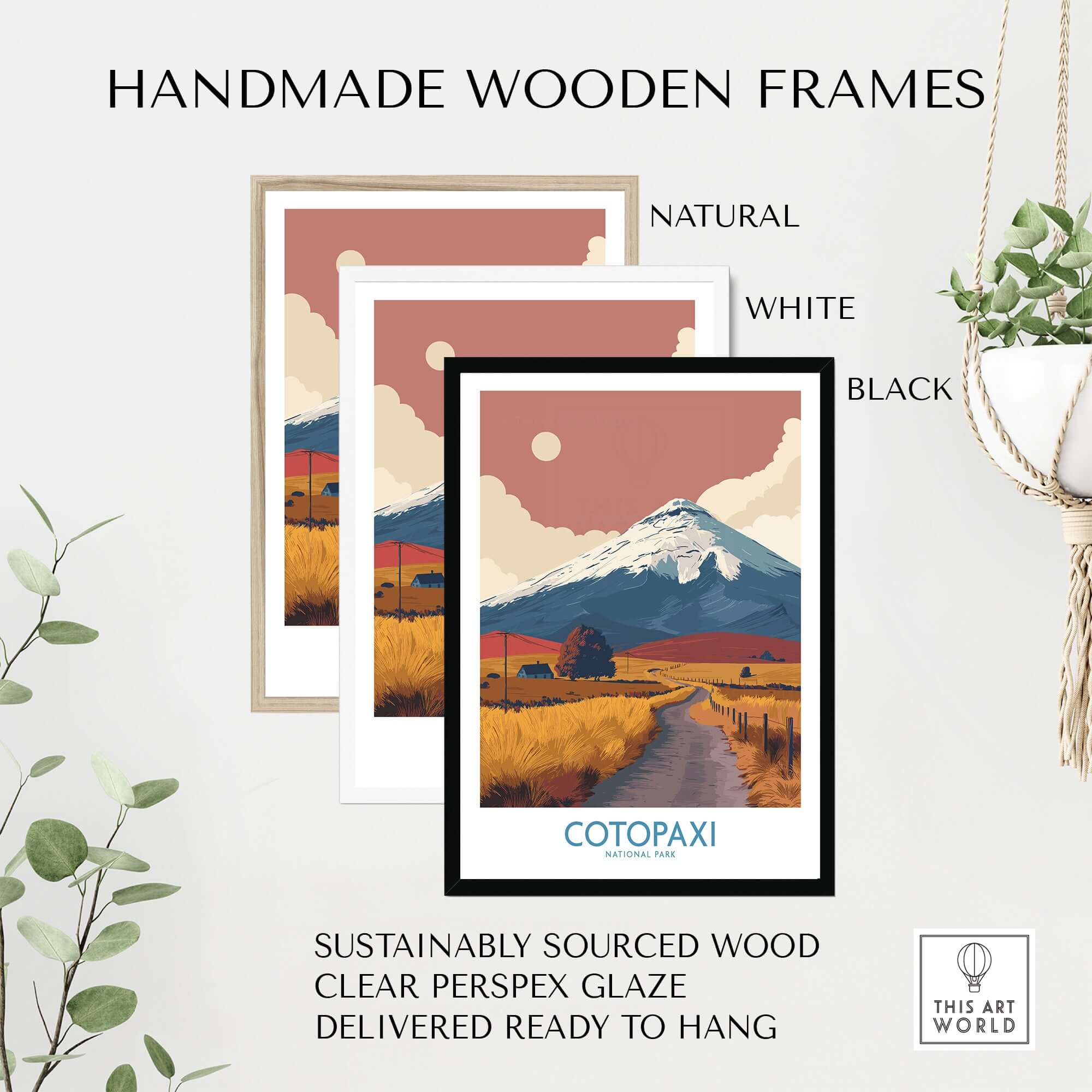 Ecuador Volcano Cotopaxi Travel Poster Road Landscape Print National Park Wall Art showcased in handmade wooden frames.