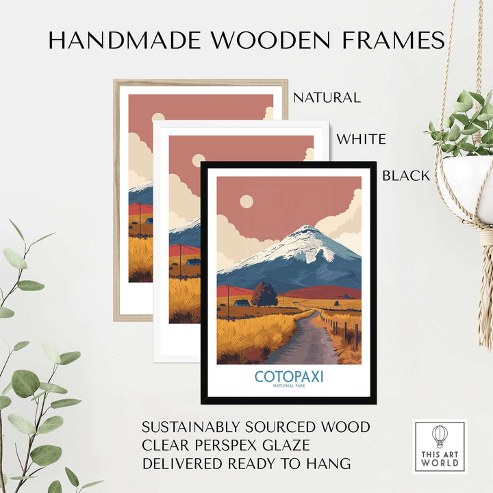 Handmade wooden frames in natural, white, and black for Cotopaxi travel print, sustainably sourced and ready to hang.