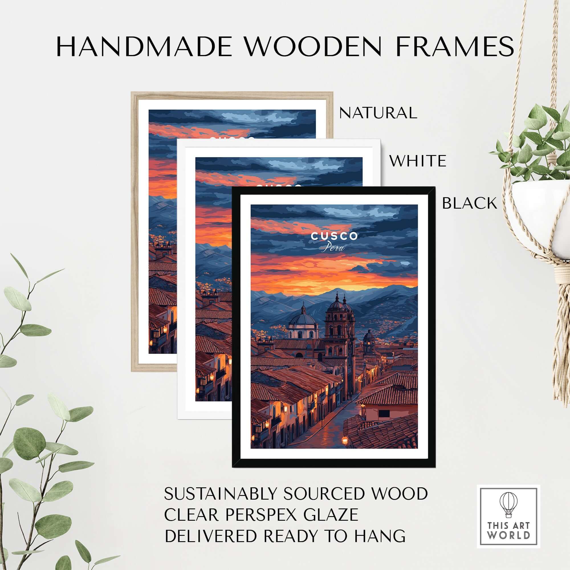 Handmade wooden frames in natural, white, and black for Cusco Evening Street View Print | Glowing Andes Home Decor.