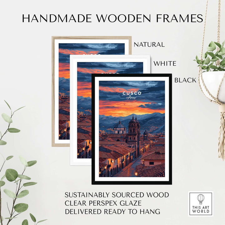 Handmade wooden frames in natural, white, and black for Cusco Evening Street View Print | Glowing Andes Home Decor.