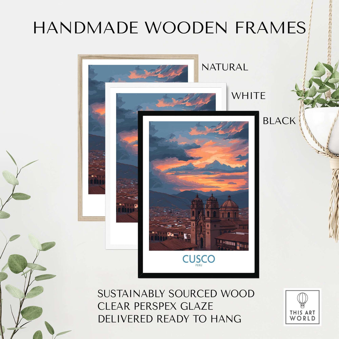 Handmade wooden frames for Cusco Peru Sunset Cathedral Art Print | Vibrant Andes City Poster in natural, white, and black styles.