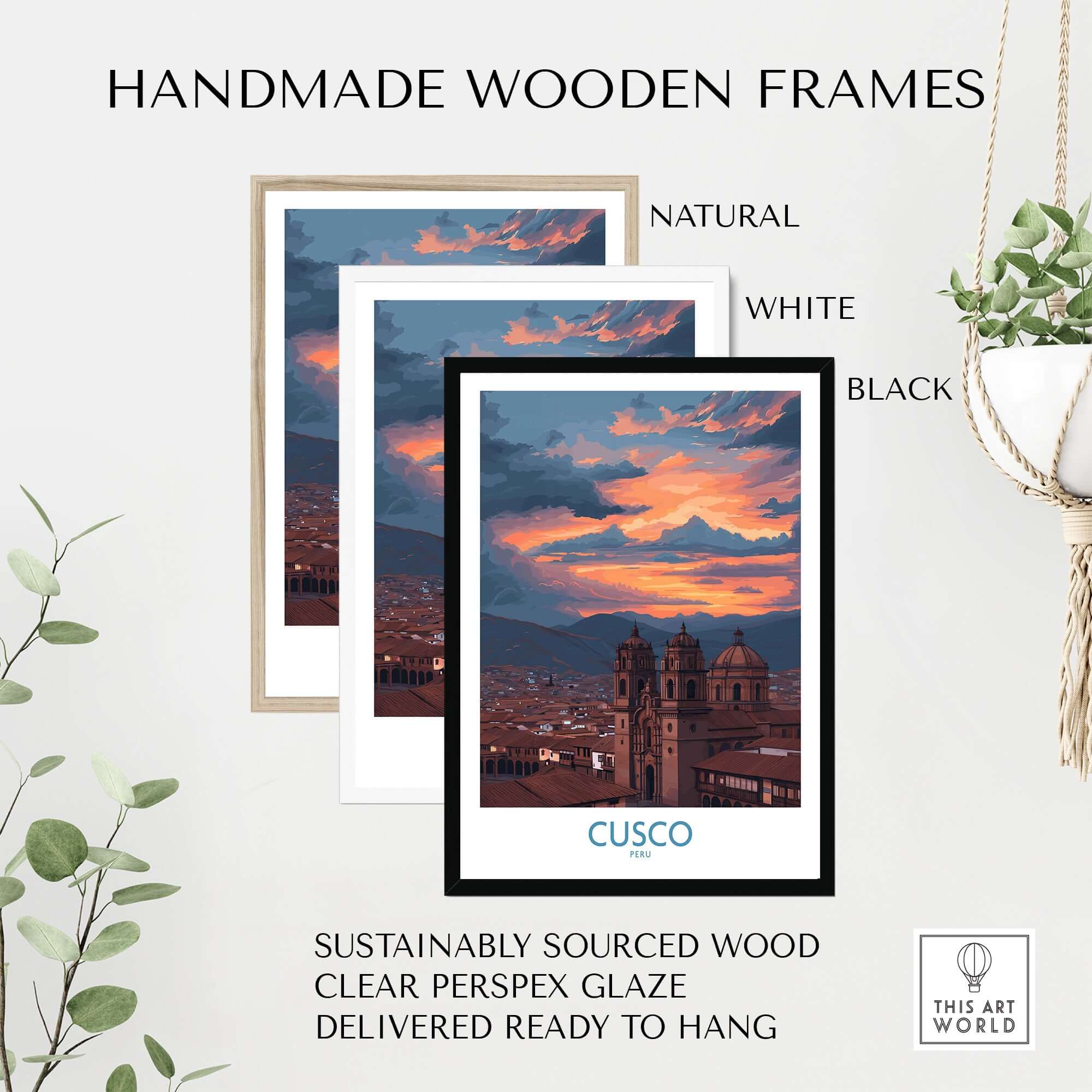 Handmade wooden frames in natural, white, and black colors for Cusco Peru Sunset Cathedral Art Print.