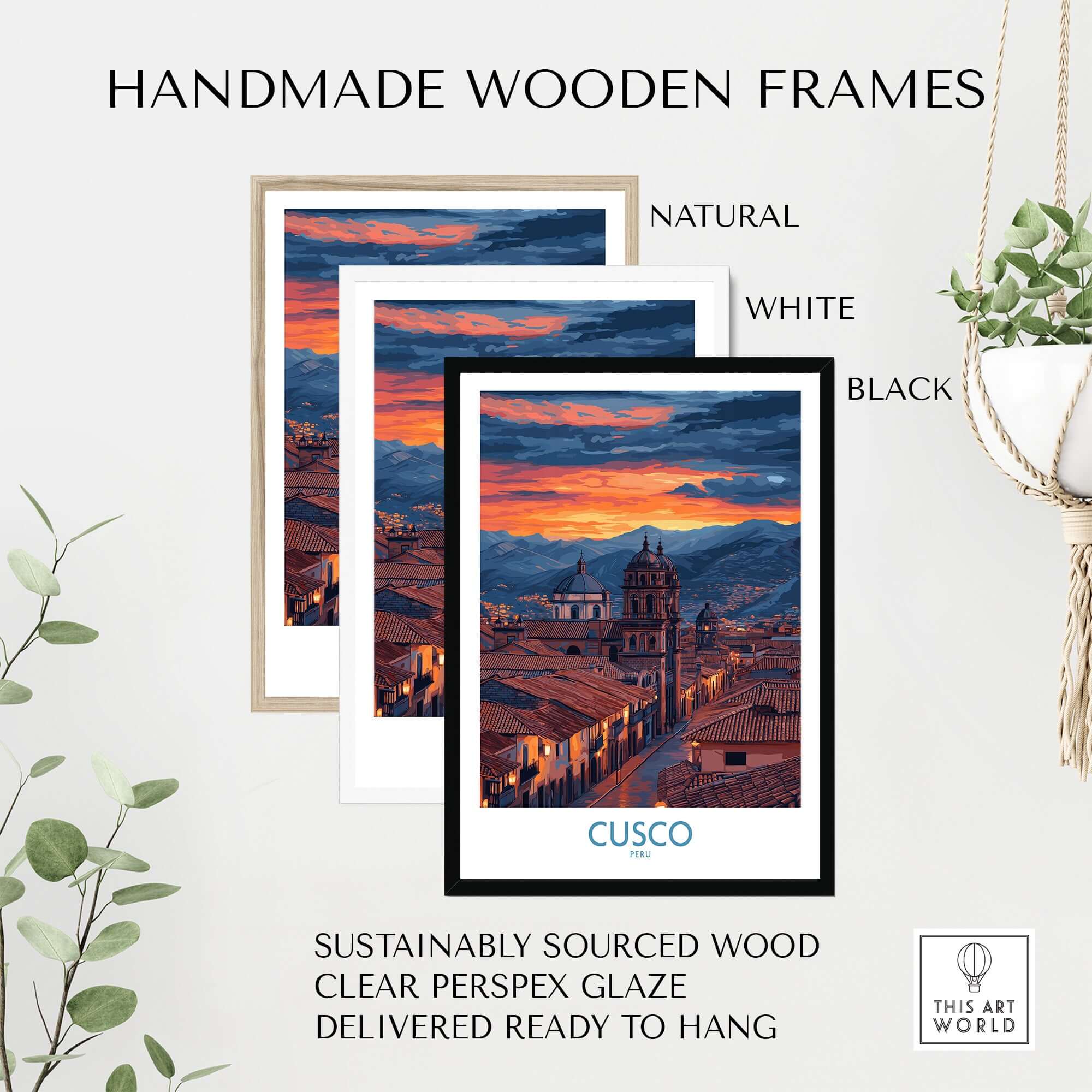 Cusco Peru Twilight Cityscape Art Print | Historic Rooftops Poster framed in natural, white, and black handmade wooden frames.