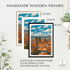 Cusco Print | Andean Mountain Home Decor in handmade wooden frames, showcasing natural, white, and black options.