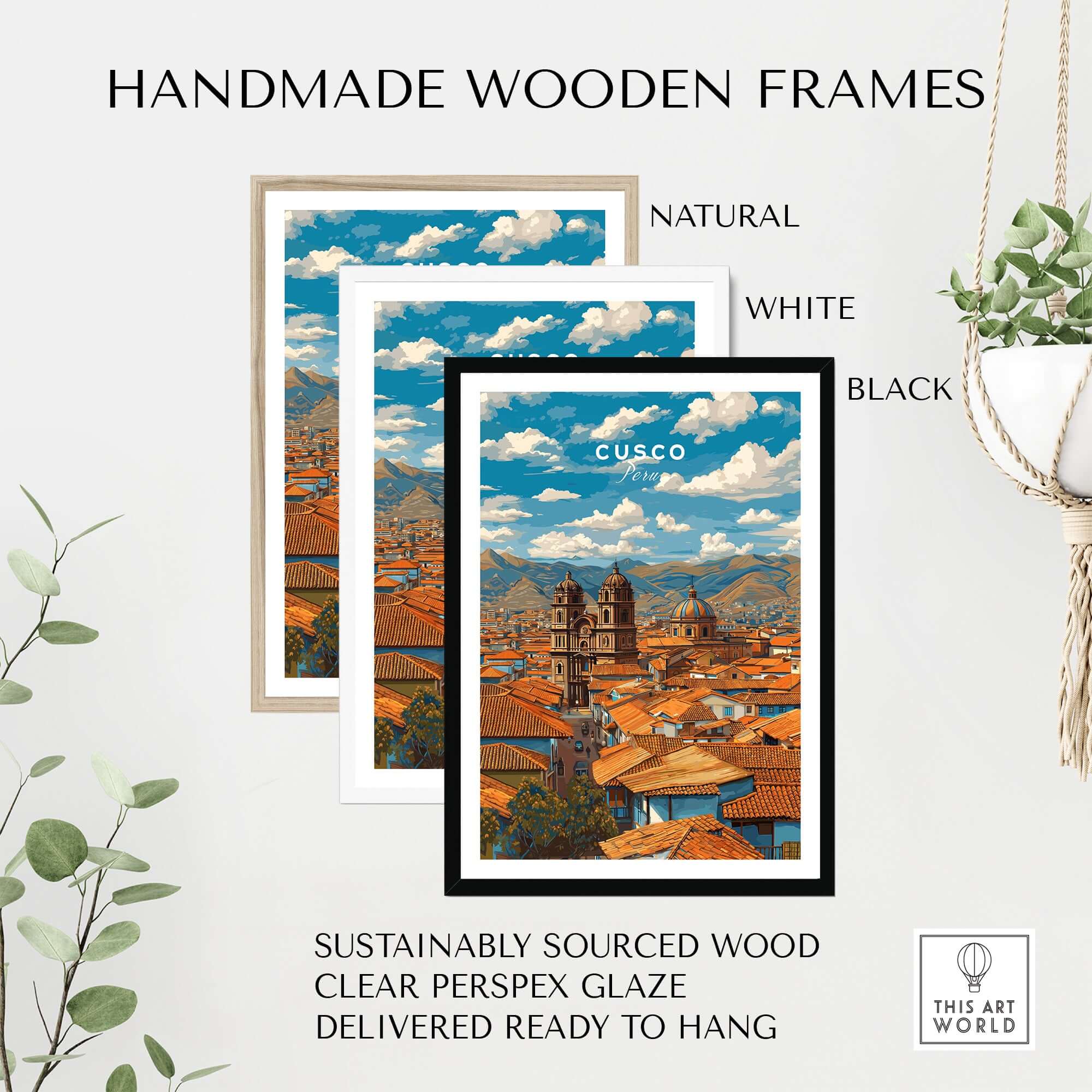 Cusco Print | Andean Mountain Home Decor in handmade wooden frames, showcasing natural, white, and black options.