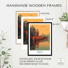 Handmade wooden frames in natural, white, and black finishes featuring a Delhi travel poster.
