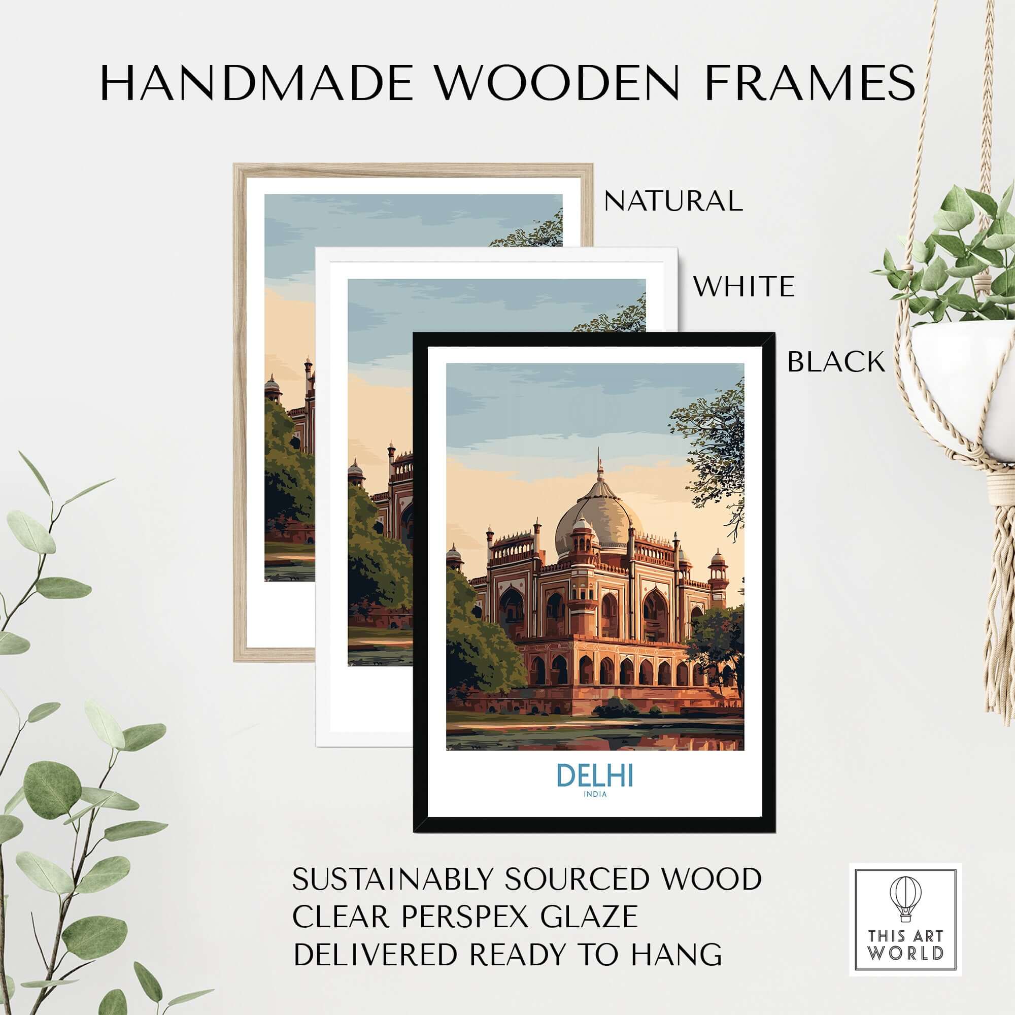 Handmade wooden frames in natural, white, and black for Delhi India Travel Print Mughal Landmark poster.