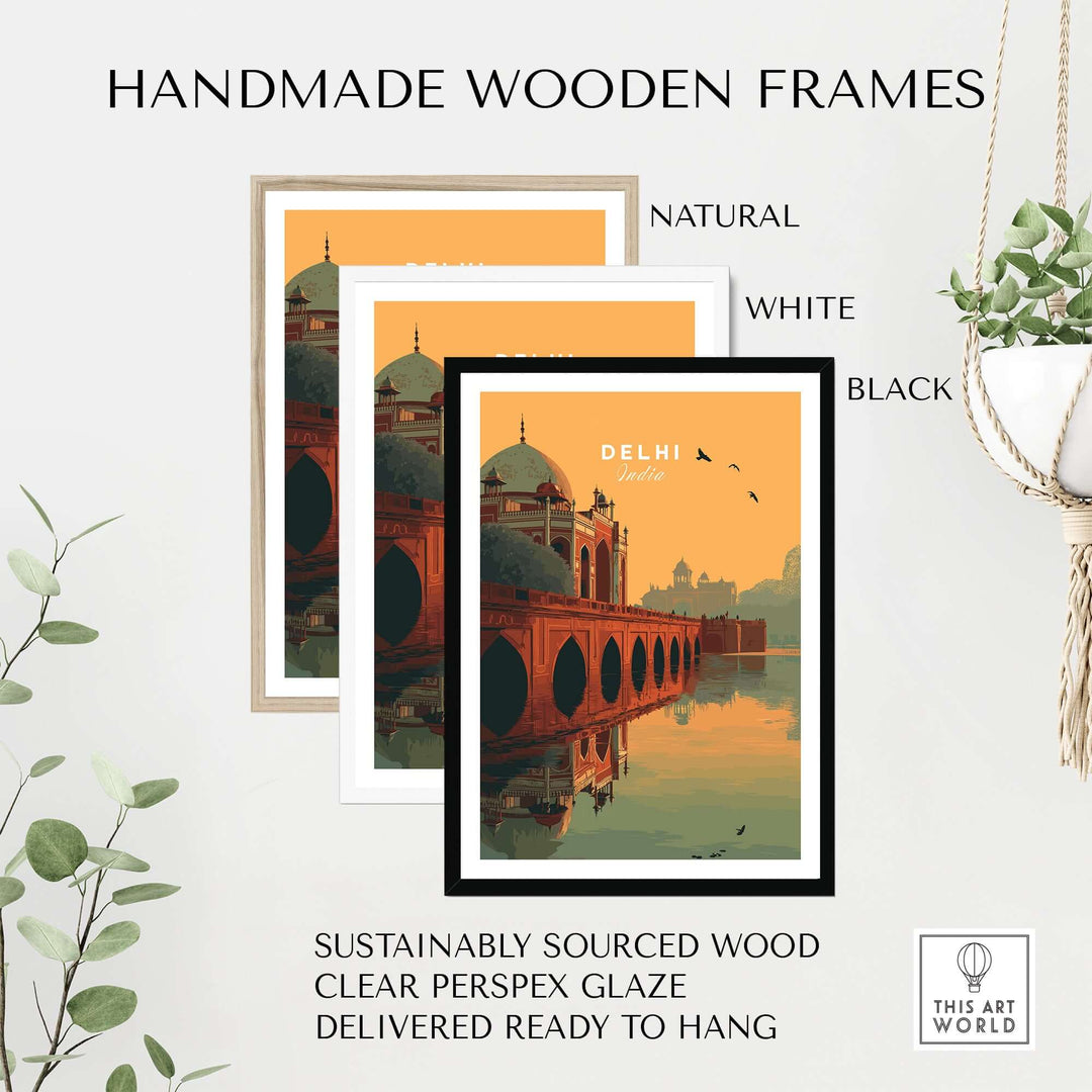 Handmade wooden photo frames in natural, white, and black showcasing a Delhi travel print, ready to hang.