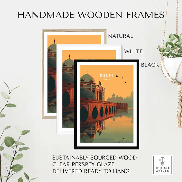 Handmade wooden photo frames in natural, white, and black showcasing a Delhi travel print, ready to hang.