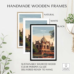 Delhi India Travel Poster Humayuns Tomb Print Mughal Architecture Wall Art Decor in handmade wooden frames