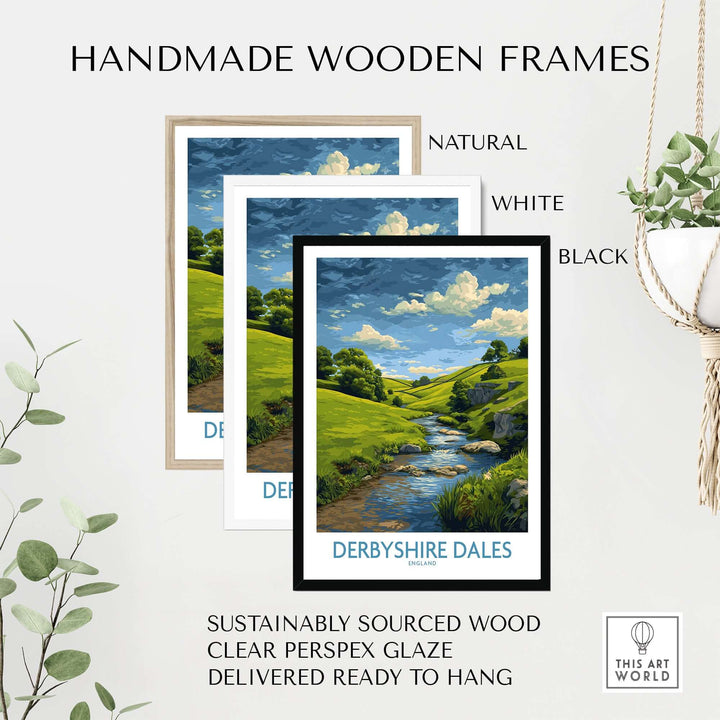 Handmade wooden frames in natural, white, and black for Derbyshire Dales wall art, sustainably sourced and ready to hang.