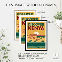 Kenya Safari Poster - Discover Africa Travel Art displayed in handmade wooden frames in natural, white, and black colors.