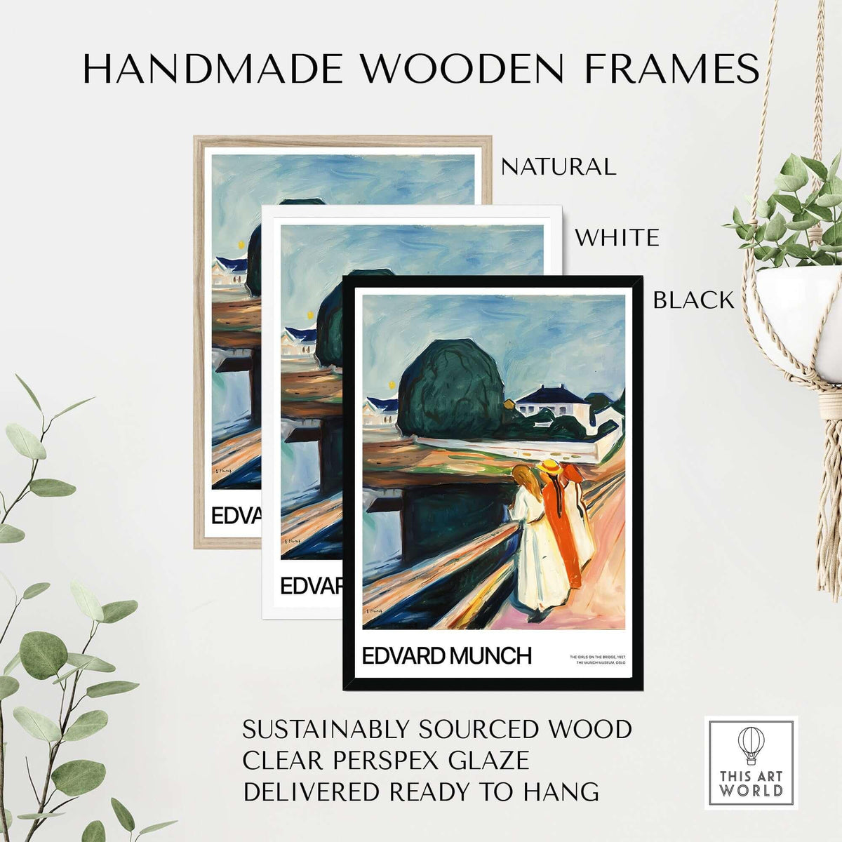 Handmade wooden frames in natural, white, and black for Edvard Munch Art Print - The Girls on the Bridge 1927 Painting - Museum Poster