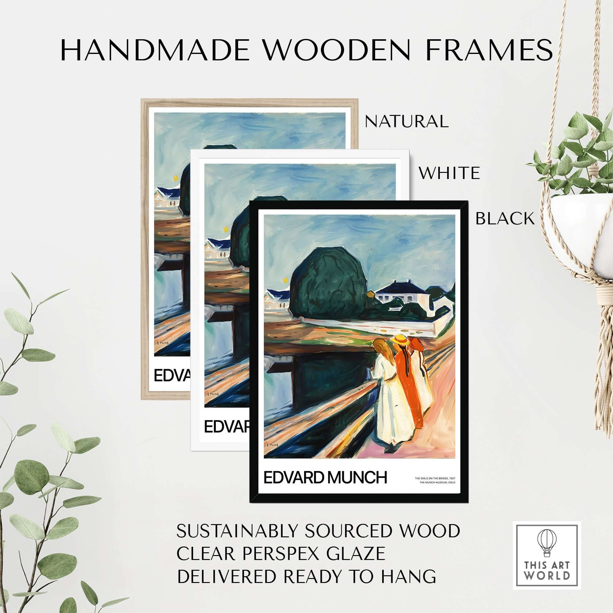 Handmade wooden frames in natural, white, and black for Edvard Munch Art Print - The Girls on the Bridge 1927 Painting - Museum Poster