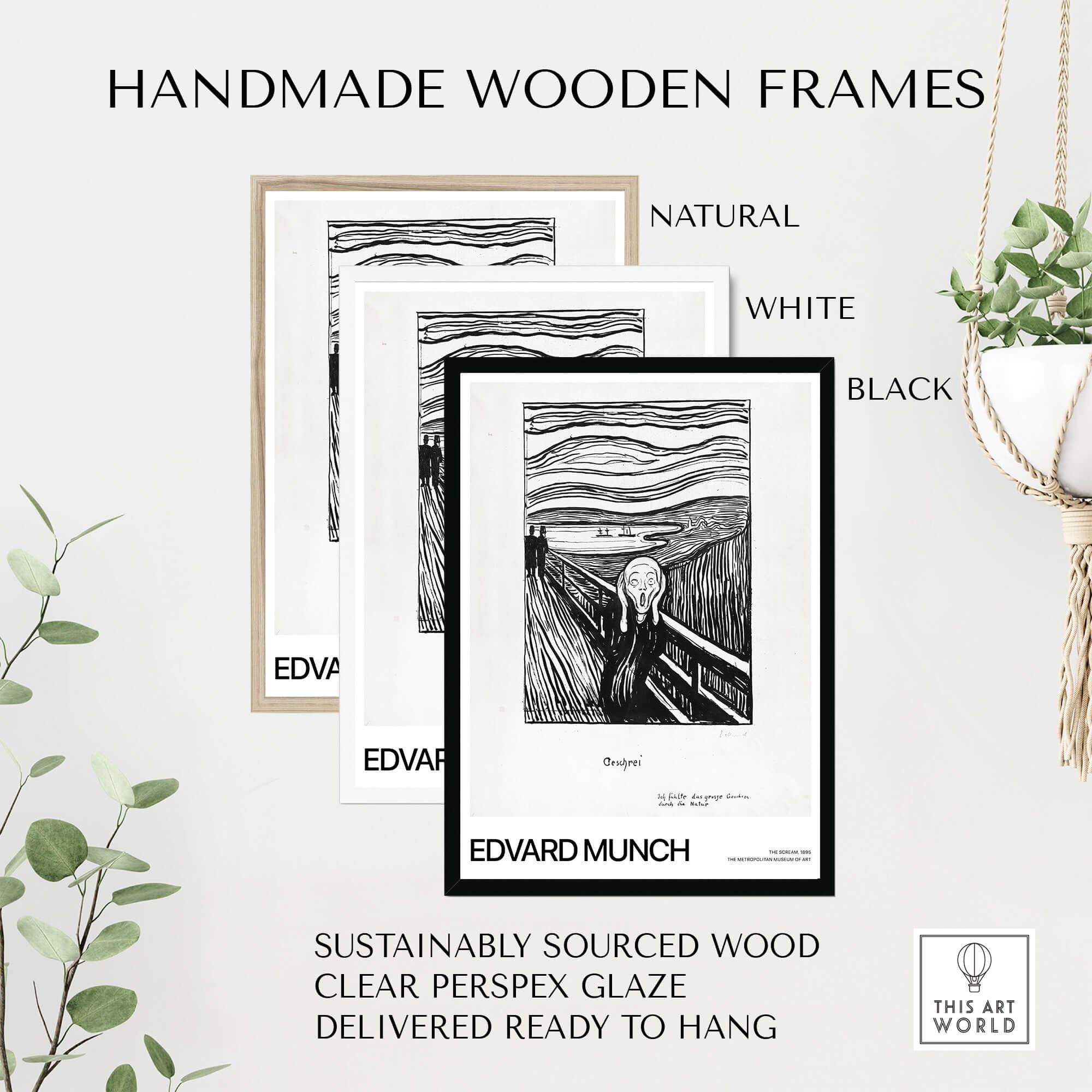 Edvard Munch The Scream 1895 Lithograph Art Print Expressionist Poster in handmade wooden frames natural white black
