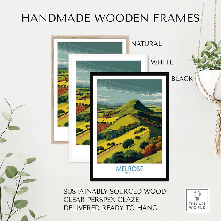 Handmade wooden frames in natural, white, and black for Eildon Hills travel print, showcasing sustainable materials.