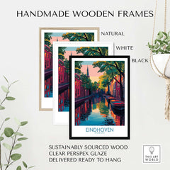 Handmade wooden frames in natural, white, and black for Eindhoven Art Print | Urban Sunset Reflections Poster.