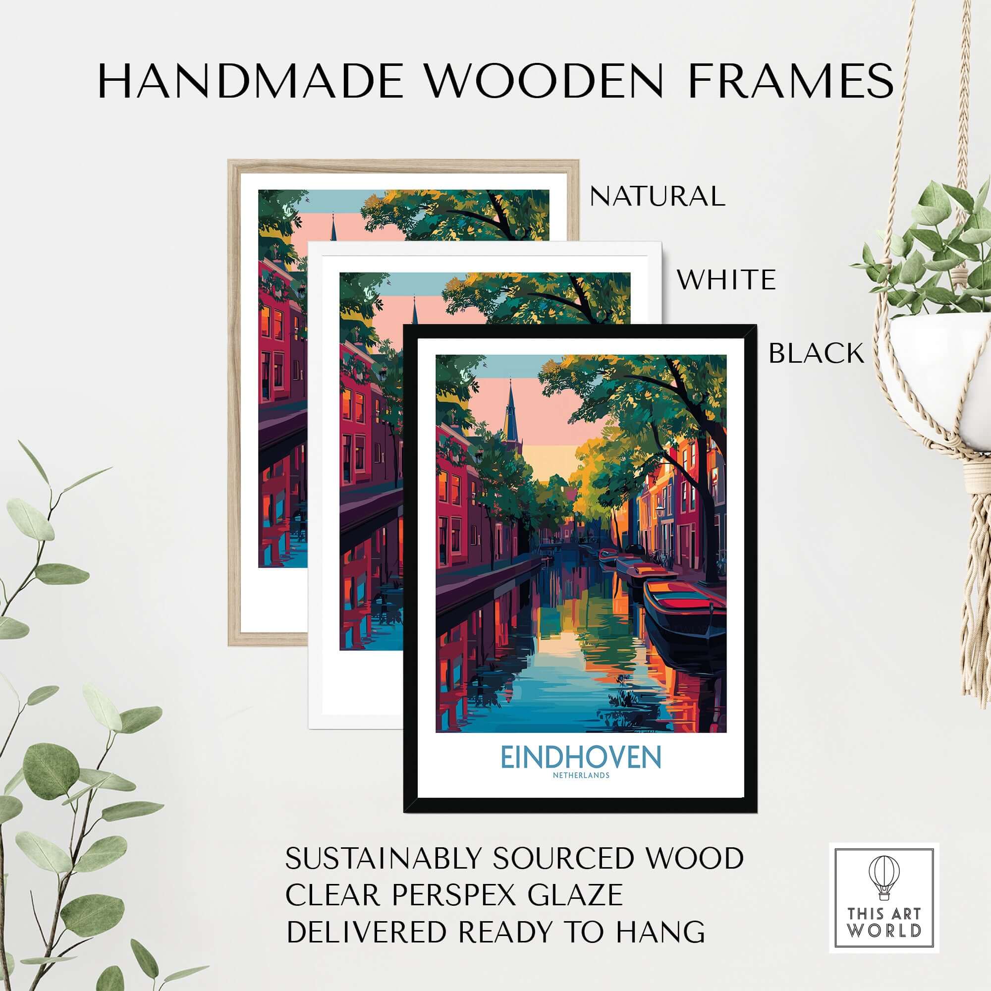 Handmade wooden frames in natural, white, and black for Eindhoven Art Print | Urban Sunset Reflections Poster.