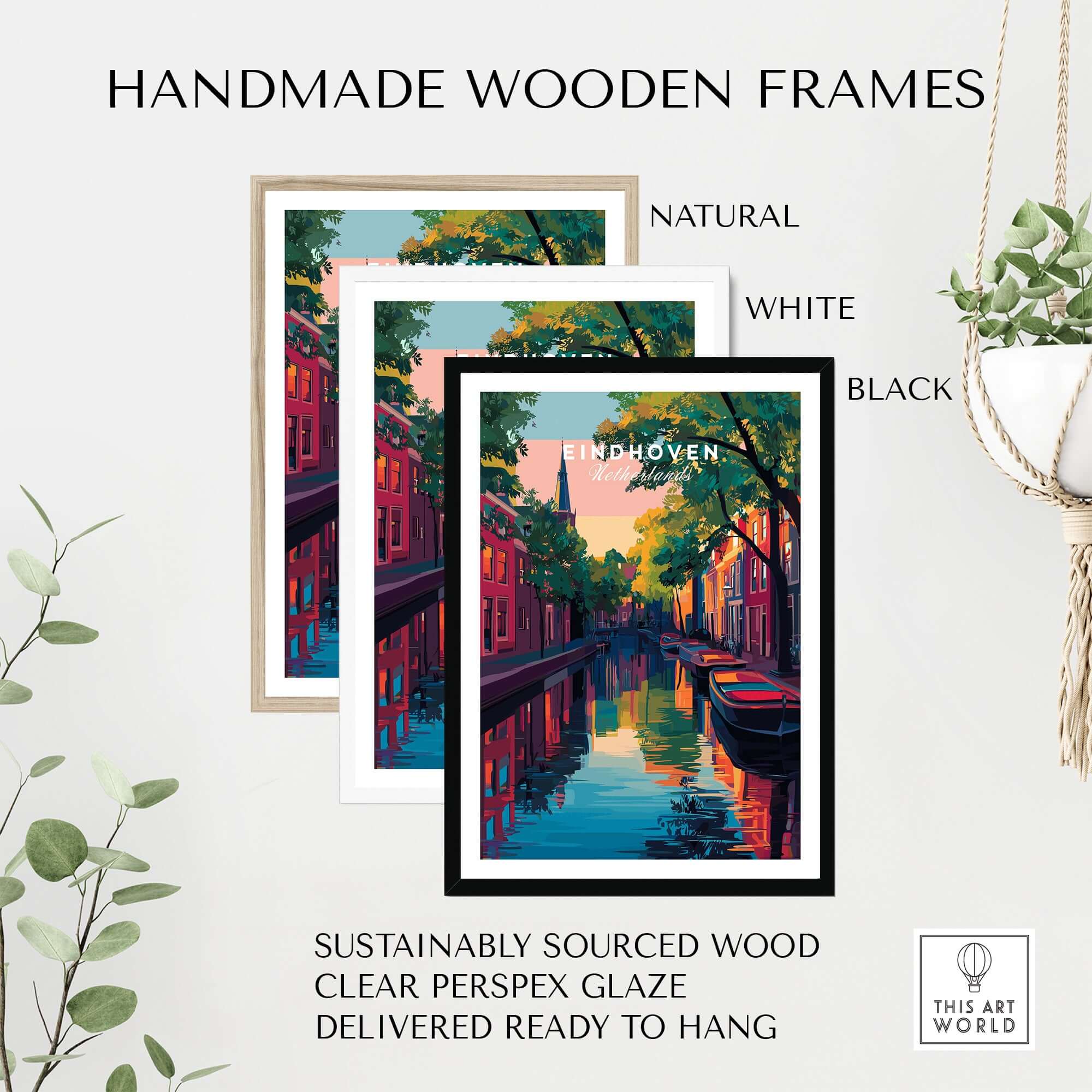Eindhoven Print | Netherlands Travel Wall Art displayed in three handmade wooden frames: natural, white, and black.
