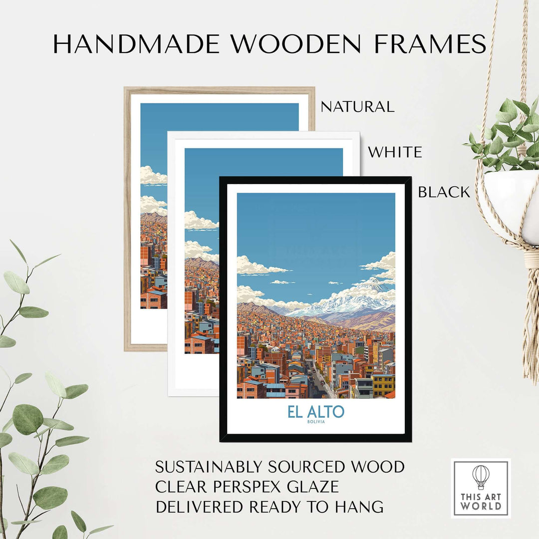 Handmade wooden frames in natural, white, and black, for El Alto Bolivia urban landscape print, ready to hang.