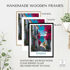 Handmade wooden frames in natural, white, and black for Estepona Spain Art Print | Bougainvillea Coastal Poster.