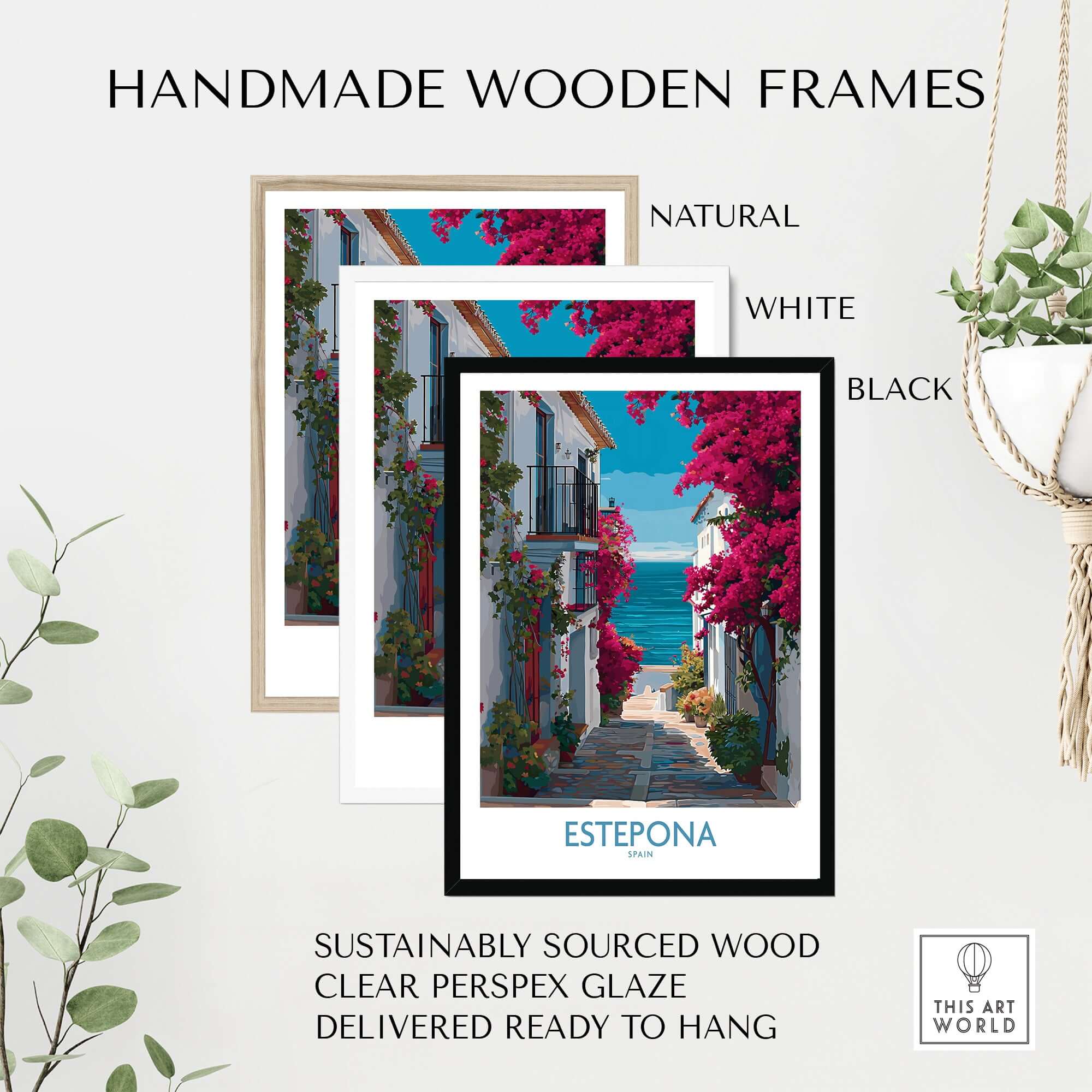 Handmade wooden frames in natural, white, and black for Estepona Spain Art Print | Bougainvillea Coastal Poster.